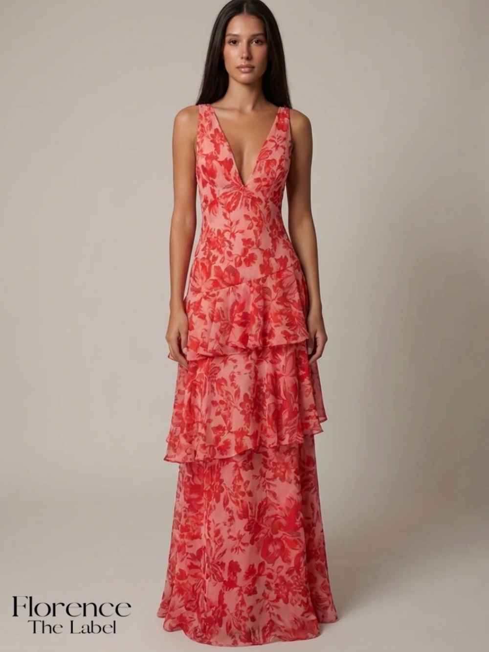 Florence The Label - Floral V-Neck Tiered Maxi Dress- Size L
